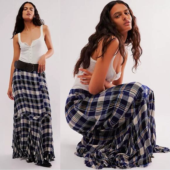 Free People FP One Bordeaux Plaid Maxi Skirt Size Large Bohemian Grunge Punk - Picture 2 of 16